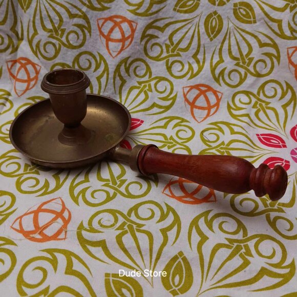 Vintage Solid Brass with Wood Handle Chamber Candlestick Holder - 7.5" x 3" - Picture 1 of 7